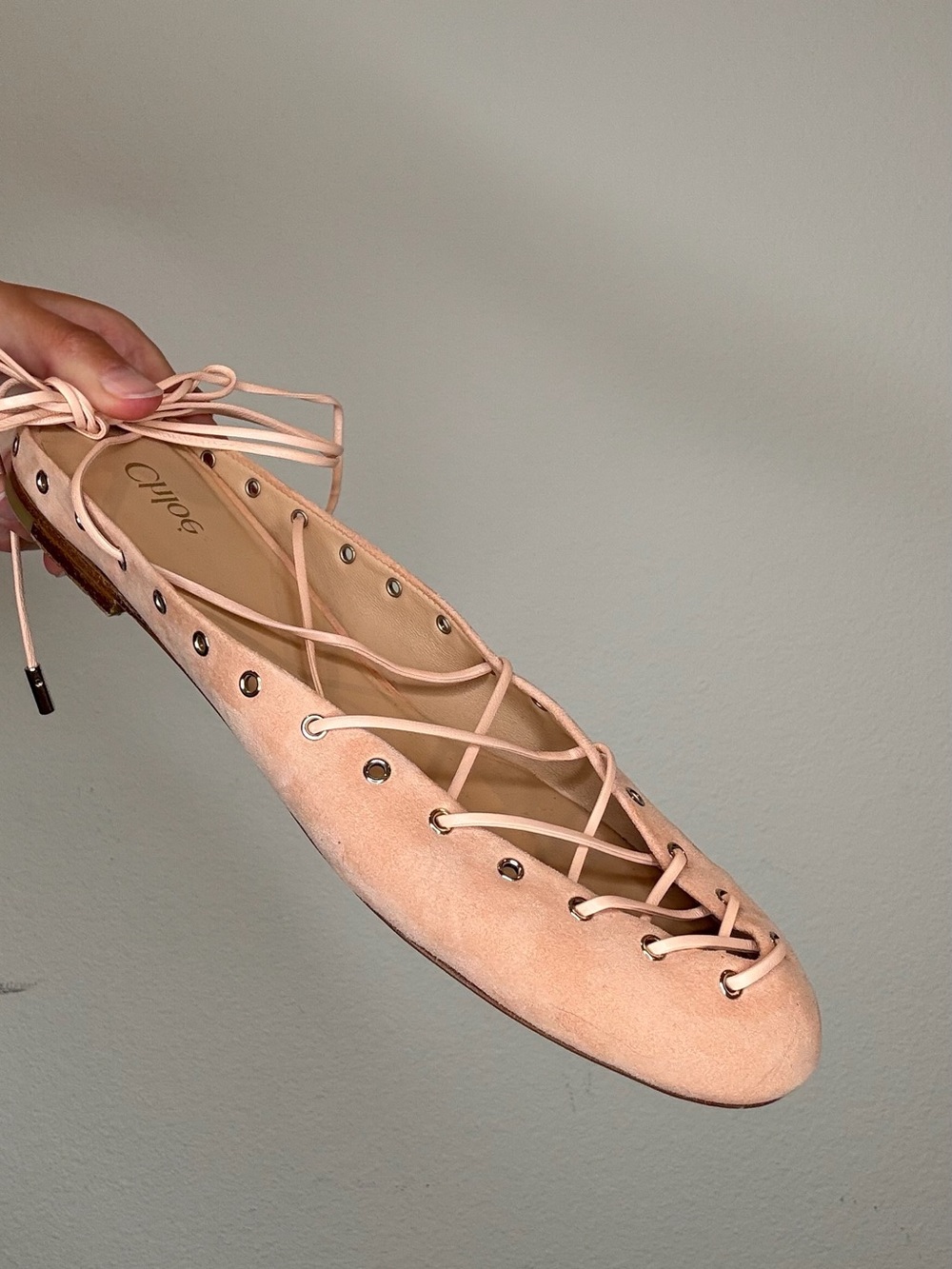 Chloe Pale Pink Lace-Up Suede Ballet Flats - Picture 4 of 4